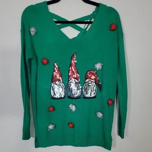 Poof Womens Christmas Sweater Size S Gnome Sequin PomPom